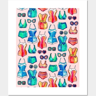 Sixties Swimsuits and Sunnies on blush pink Posters and Art